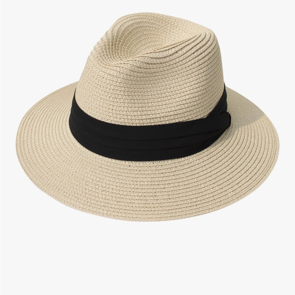 NWT Lanzom ~Stylish Cream Fedora Hat with Black Band~ medium, wide brim